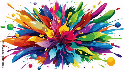 A burst of colorful paint splash explodes with energy and life, suspended in motion against a transparent background. Each droplet captures a moment of creativity in full bloom.


