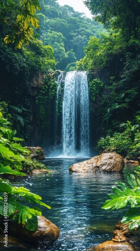 Serene Waterfall in Lush Tropical Rainforest Tranquil Nature Scene Cascading Water