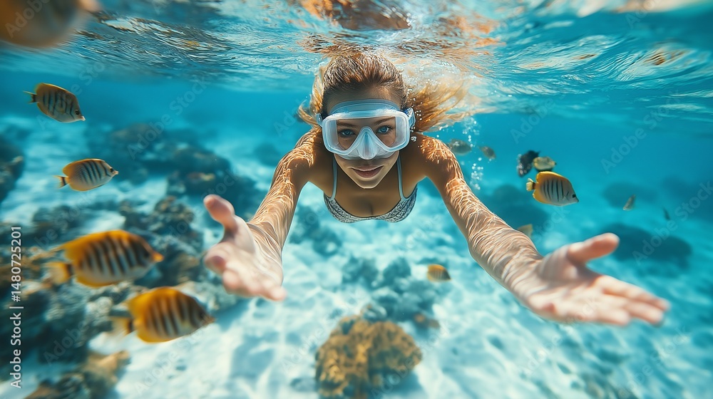 Fototapeta premium Snorkeling woman above coral reef