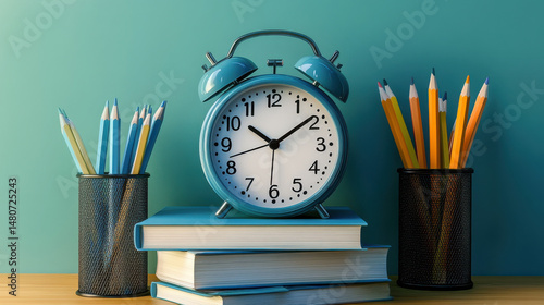 Education concept, alarm clock standing books, pencils, green. Poster school, university, study