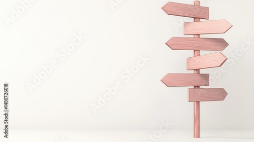 Empty directional wooden sign with six arrows pointing in different directions on neutral backdrop