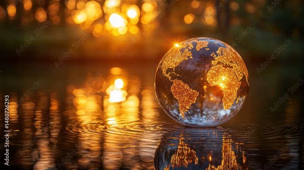 Earth globe reflects in water at sunset Earth globe reflects in water at sunset