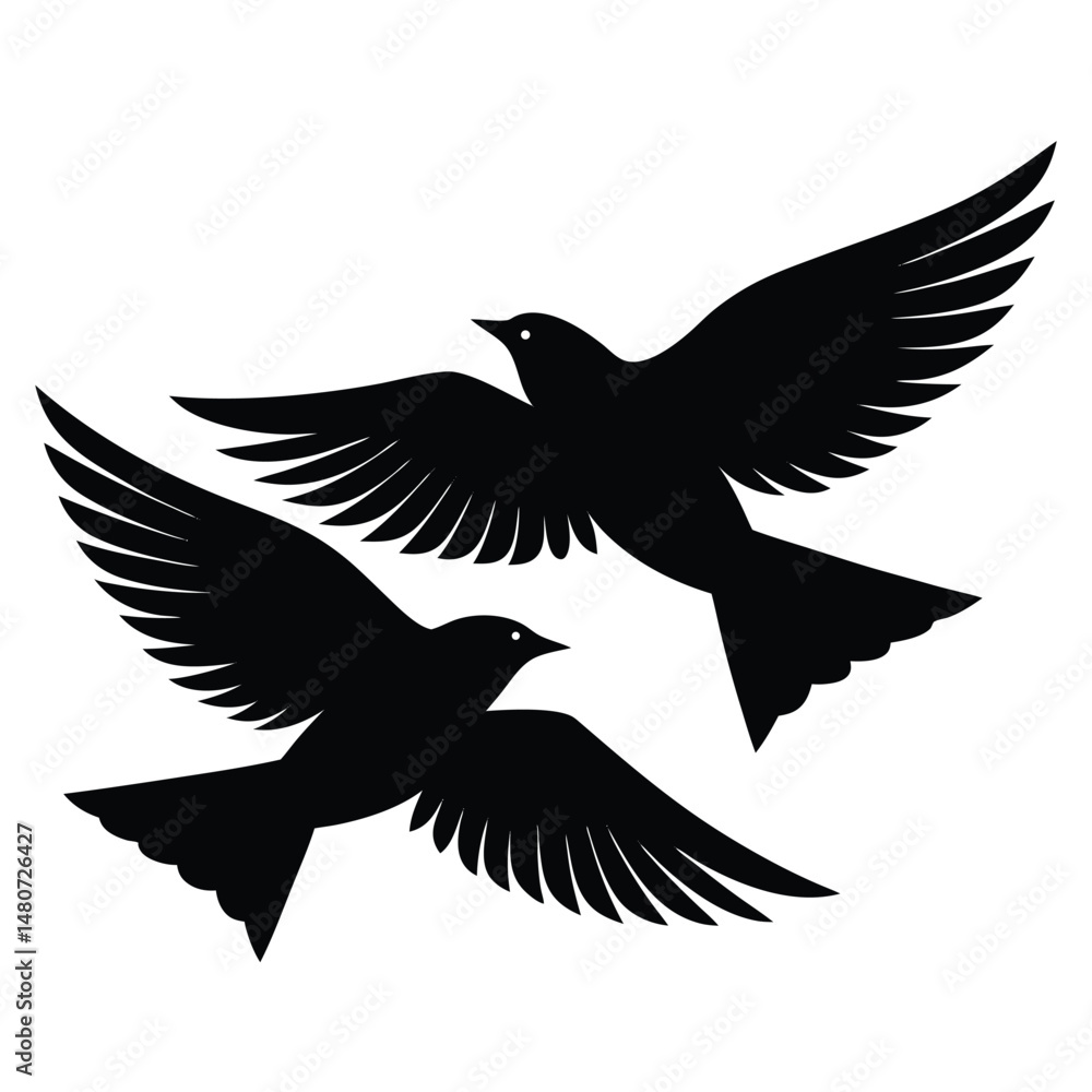 Fototapeta premium Silhouette of Two Birds Flying Upward Against a Plain Background, Detailed Wings and Feathers