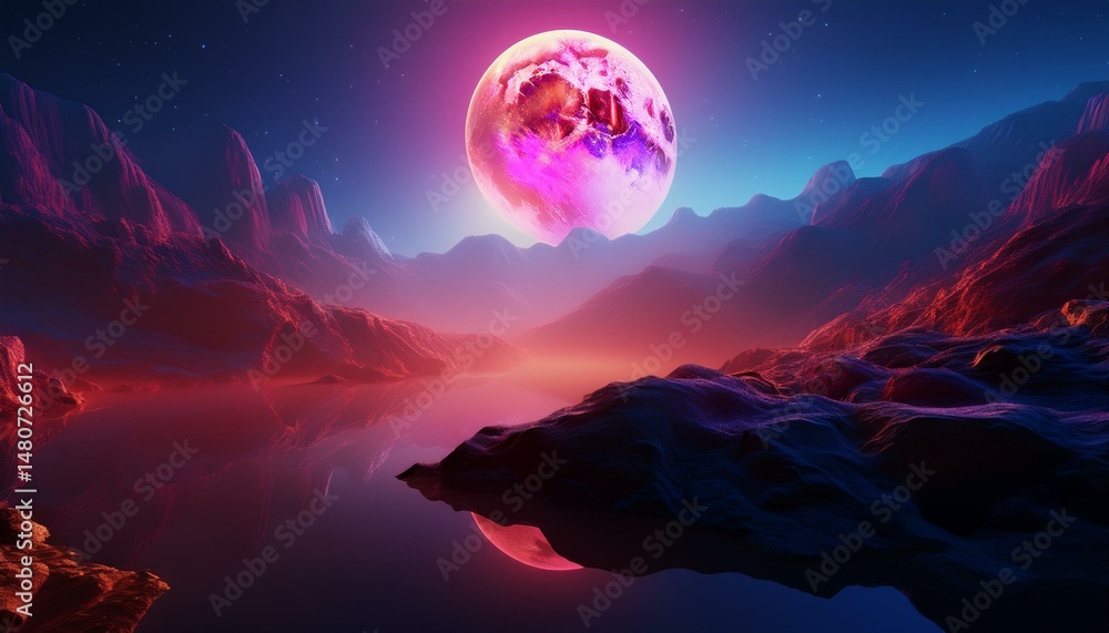 Sci-Fi landscape Red-pink planet on the horizon of a mountainous, rocky area at night Sci-Fi landscape Red-pink planet on the horizon of a mountainous, rocky area at night