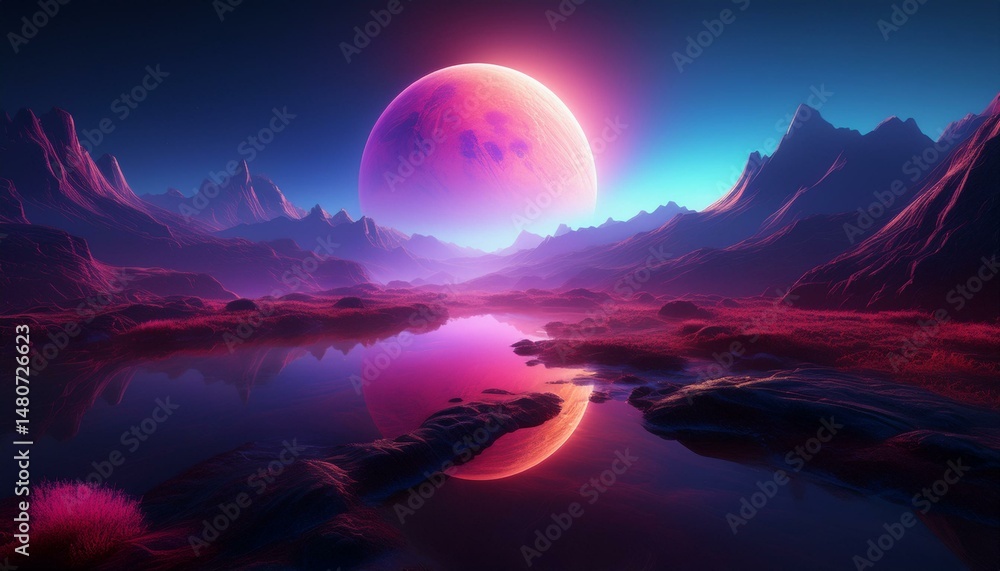 Fototapeta premium Sci-Fi landscape Red-pink planet on the horizon of a mountainous, rocky area at night