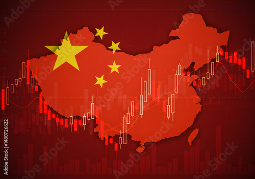 China Map Overlayed with Stock Market Candlestick Chart Illustrating Economic Trends and Growth