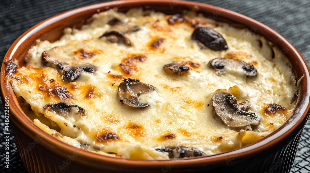 Regular view of Lasagna Bianca bchamel sauce mushrooms mozzarella baked golden perfection served ceramic dish black textured table Creamy alternative Italy cut out on isolated transparent background Regular view of Lasagna Bianca bchamel sauce mushrooms mozzarella baked golden perfection served ceramic dish black textured table Creamy alternative Italy cut out on isolated transparent background