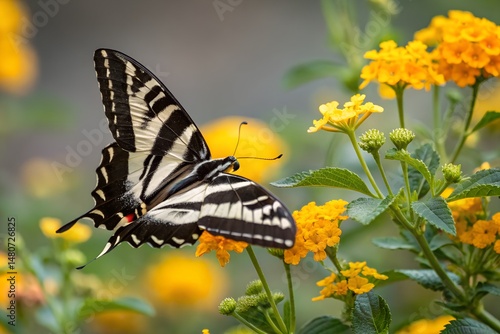 Striking Zebra Butterfly on Lantana Flowers A Generated AI Image
