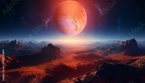 Wallpaper Mural Sci-Fi landscape Red-pink planet on the horizon of a mountainous, rocky area at night Torontodigital.ca