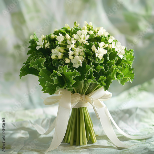 Creative floral arrangement, bright green cabbage leaves. Concept celebration, romance, love, Valentine's Day, wedding, copy space, banner, greeting card