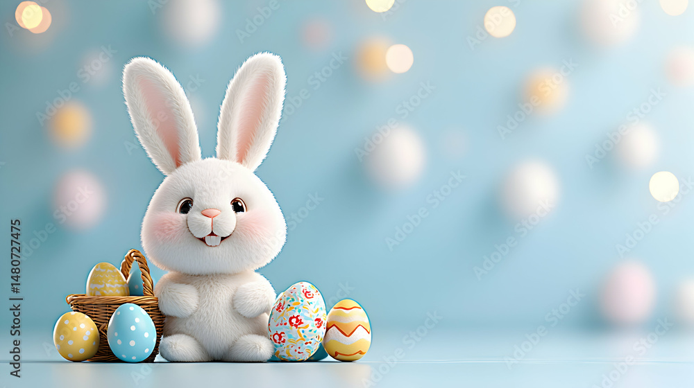Fototapeta premium Adorable White Easter Bunny with Colorful Eggs on Blue Background