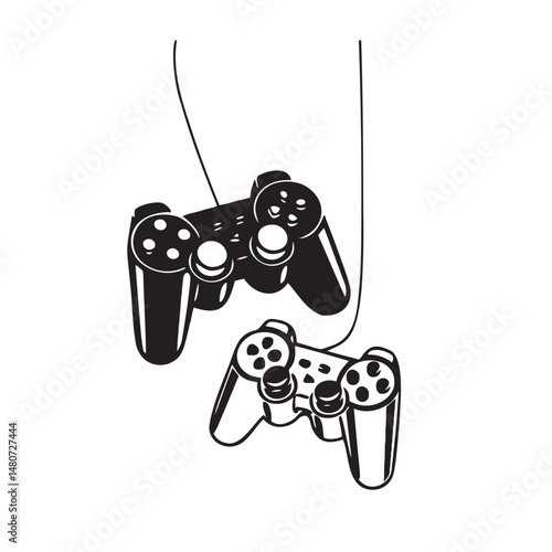 Hanging Game Controllers Illustration, Simple Black and White Gaming Art - VECTOR
