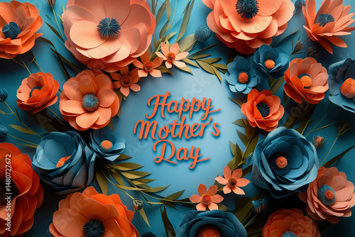 Happy Mother's Day elegant card design with 3D flowers and circular frame on blue background. Festive floral concept for greeting and celebration. Concept greeting cards, celebrating wedding