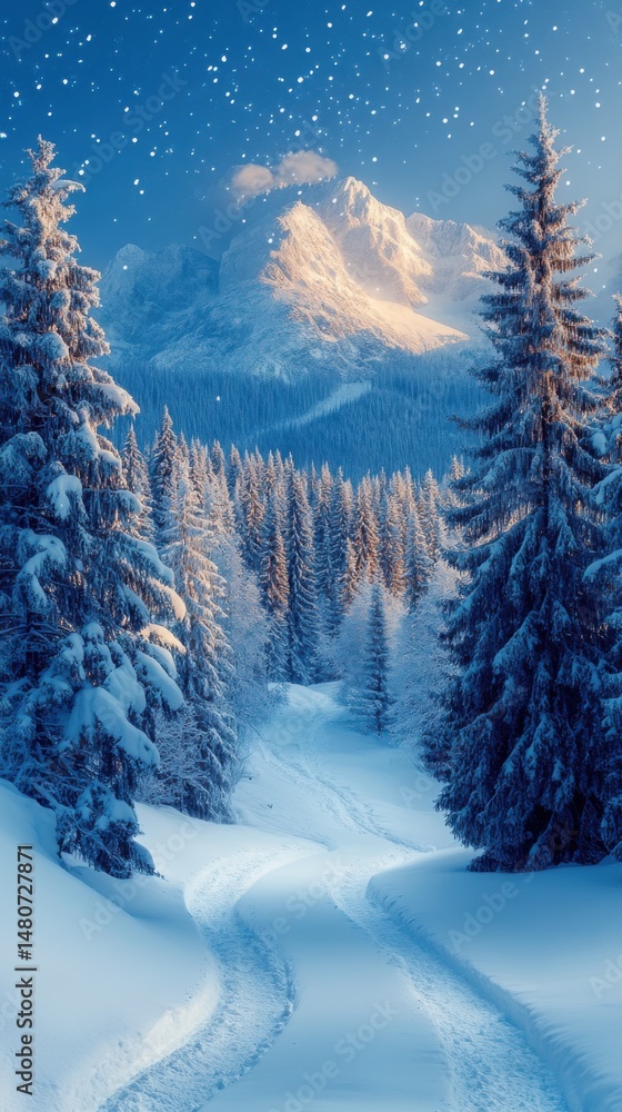 Fototapeta premium Majestic Winter Wonderland Snow Covered Pathway Through Snowy Forest to Mountain Peak