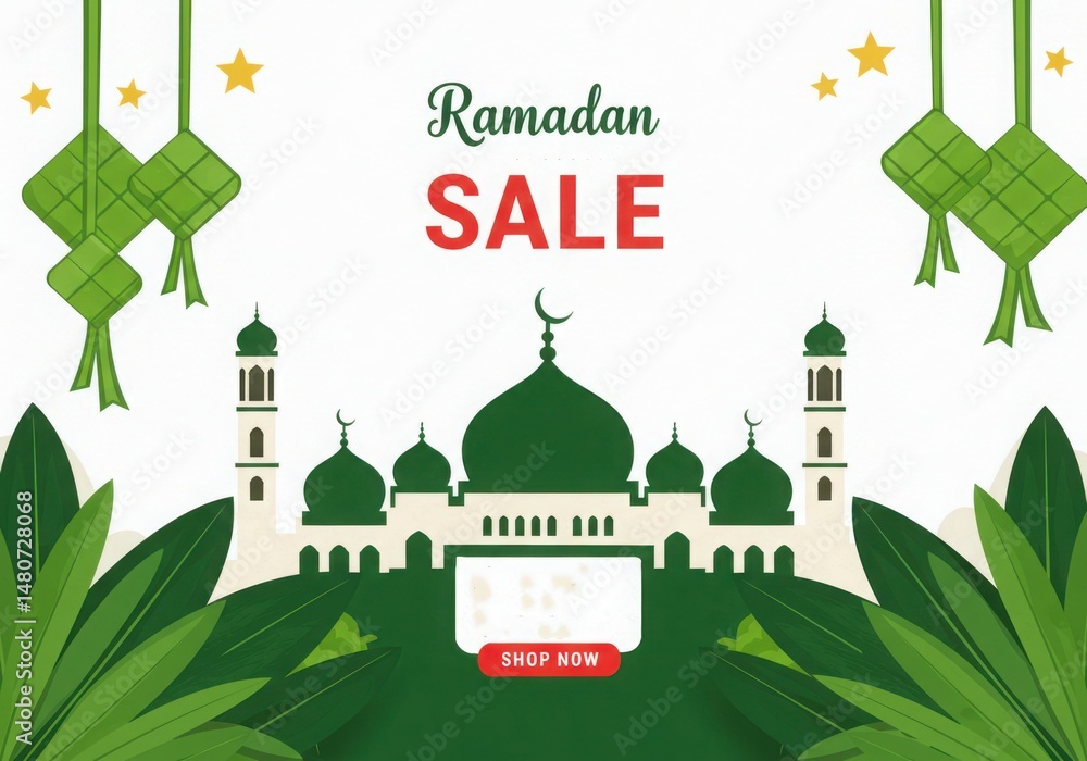 Fototapeta premium Ramadan sale banner with mosque and ketupat