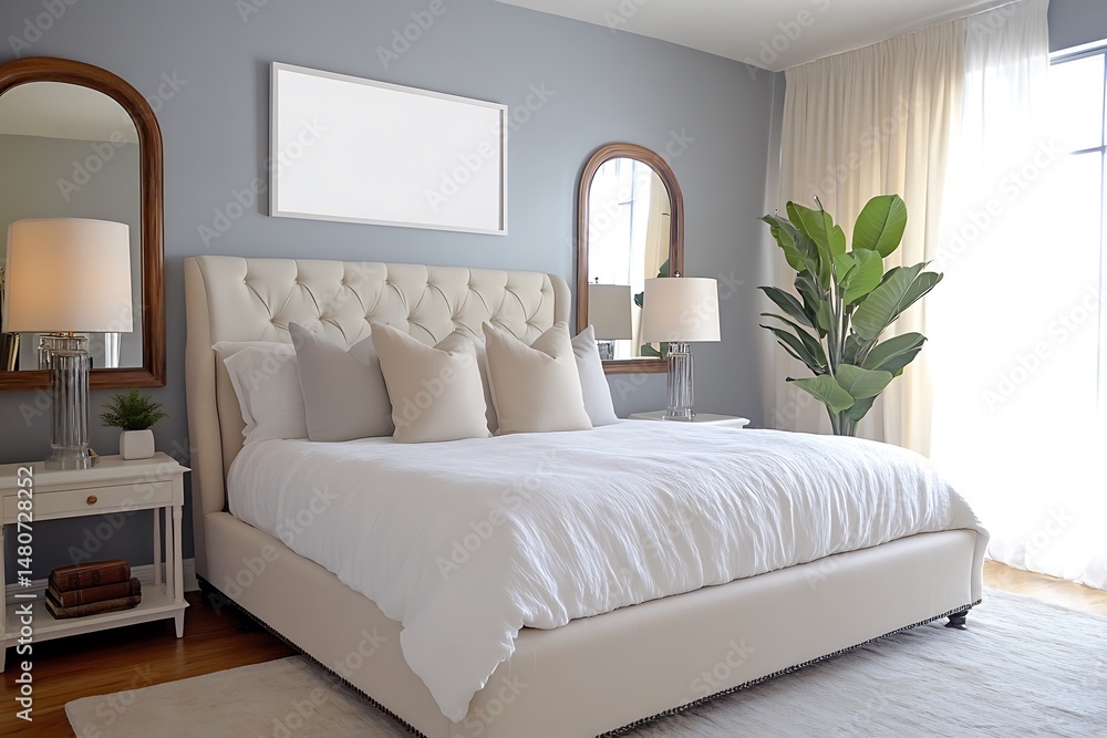 Fototapeta premium Modern Bedroom Interior with Beige Tufted Headboard, White Linens, Mockup