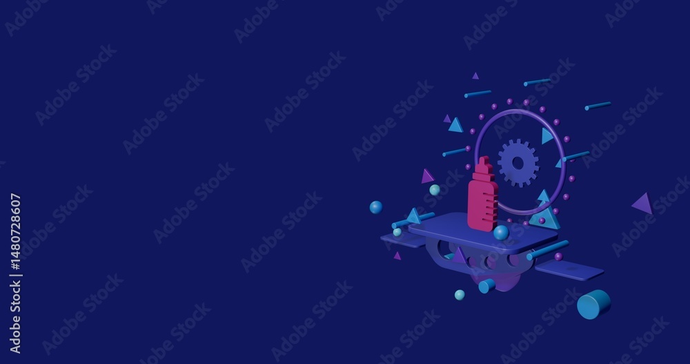 Naklejka premium Pink feeding bottle symbol on a pedestal of abstract geometric shapes floating in the air. Abstract concept art with flying shapes on the right. 3d illustration on indigo background