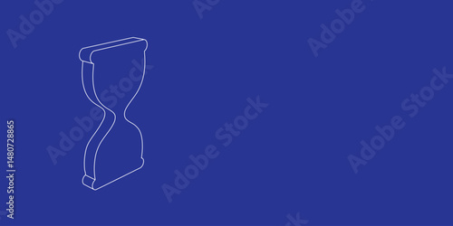 The outline of a large hourglass symbol made of white lines on the left. 3D view of the object in perspective. Vector illustration on indigo background
