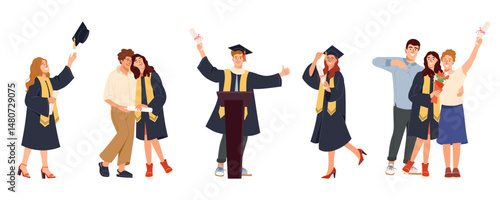 Set of graduates in gowns with diplomas. Young men and women throwing caps, posing with family, celebrating Perfect for education-related design, poster, banner and invitation. Graduate vector concept