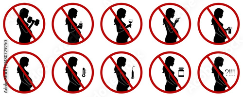 Set of pictograms describing prohibitions for pregnant woman: smoking, alcohol, drugs, caffeine, medicine, weight lifting, sauna, toxic chemicals, stress
