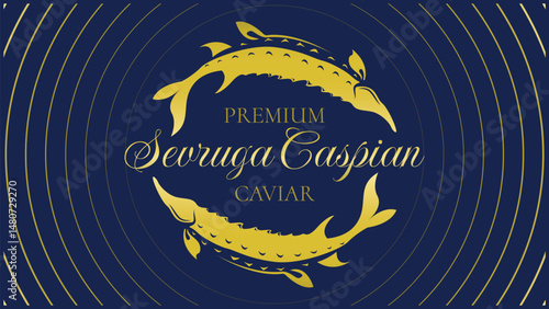 illustration of sevruga sturgeon fish for logo or label design of caviar, seafood products.