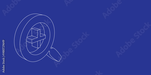 The outline of a large zoom in symbol made of white lines on the left. 3D view of the object in perspective. Vector illustration on indigo background