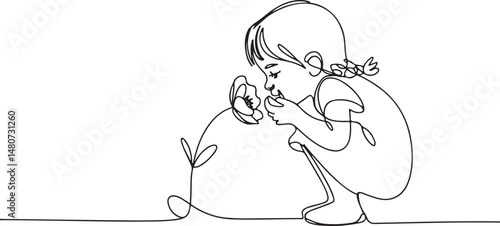 Continuous line art drawing of a child smelling a flower, black linear sketch of a small girl crouching down to sniff a fragrant bloom on white background

