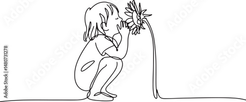 Continuous line art drawing of a child smelling a flower, black linear sketch of a small girl crouching down to sniff a fragrant bloom on white background

