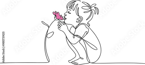 Continuous line art drawing of a child smelling a flower, black linear sketch of a small girl crouching down to sniff a fragrant bloom on white background

