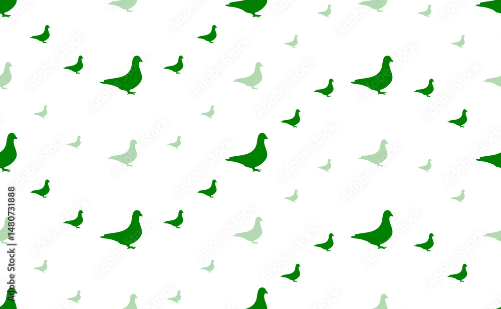 Fototapeta premium Seamless pattern of large and small green bird pigeon symbols. The elements are arranged in a wavy. Illustration on light green background