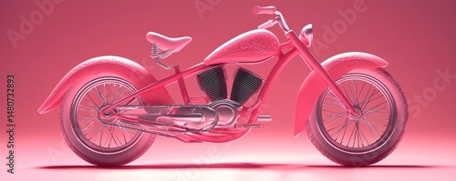 A vibrant pink motorcycle, classic design, detailed engine, chrome accents,  against a matching background