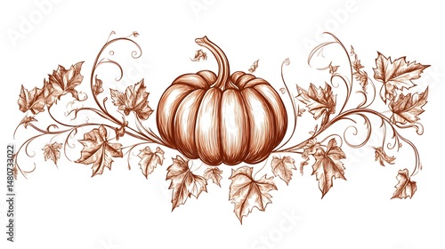 Ornate autumnal pumpkin design with foliage.