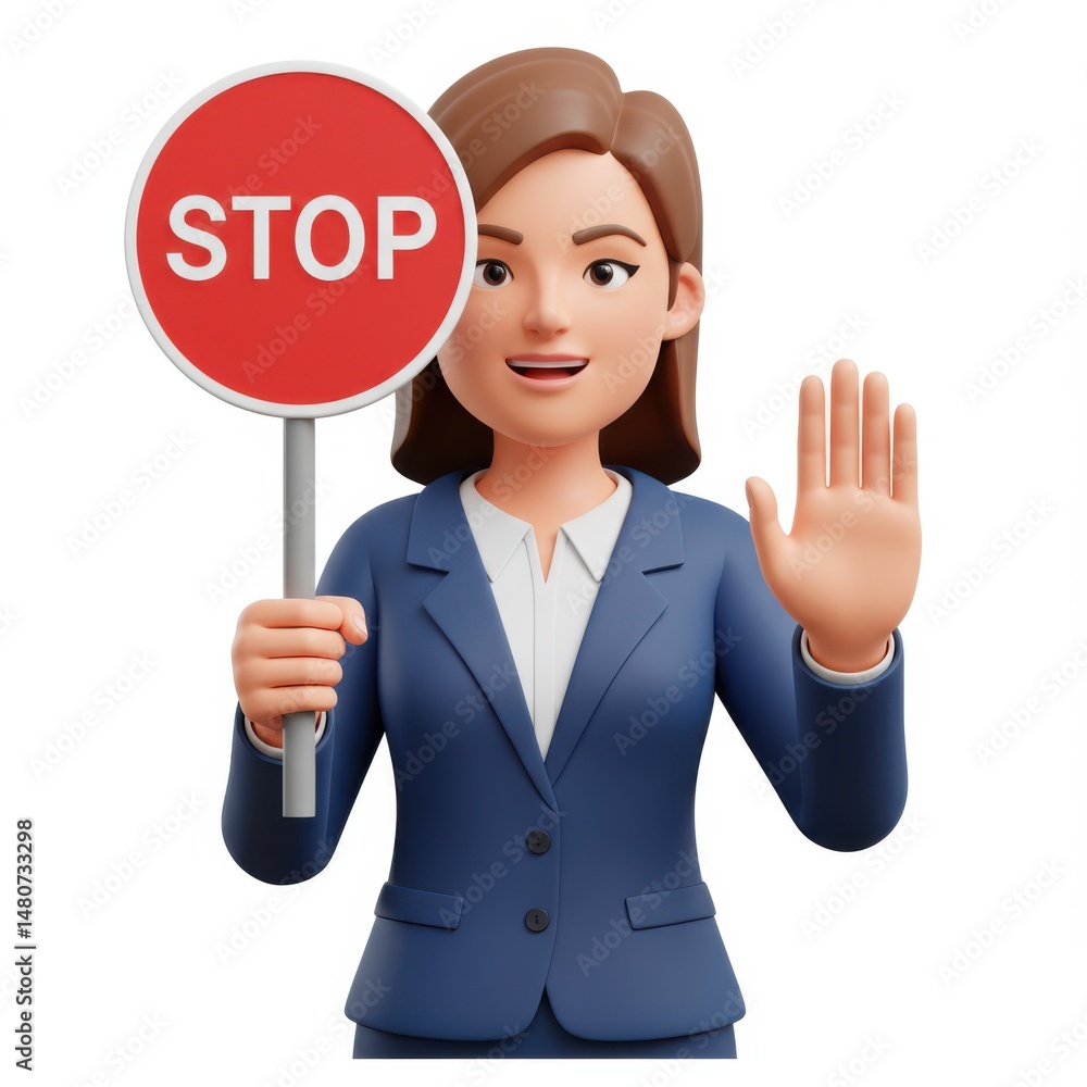 Cartoon business woman holding stop sign isolated on white background. for presentations, banners and websites.
Cartoon business woman holding stop sign isolated on white background. for presentations, banners and websites.