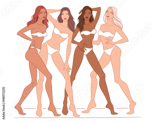 Vector sketch of four diverse female models in lingerie. Stylish poses, different skin tones and hair colors. Ideal for fashion, beauty, and design projects.