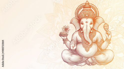 Detailed illustration of Ganesha, a Hindu deity, with a lotus and a mirror