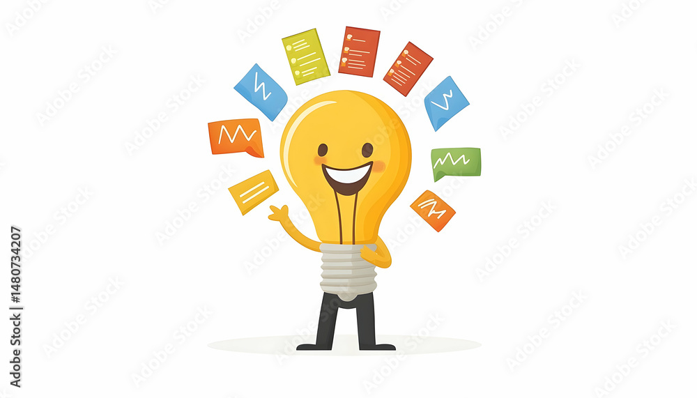 A cheerful lightbulb character surrounded by colorful notes and speech bubbles, symbolizing bright ideas and communication A cheerful lightbulb character surrounded by colorful notes and speech bubbles, symbolizing bright ideas and communication