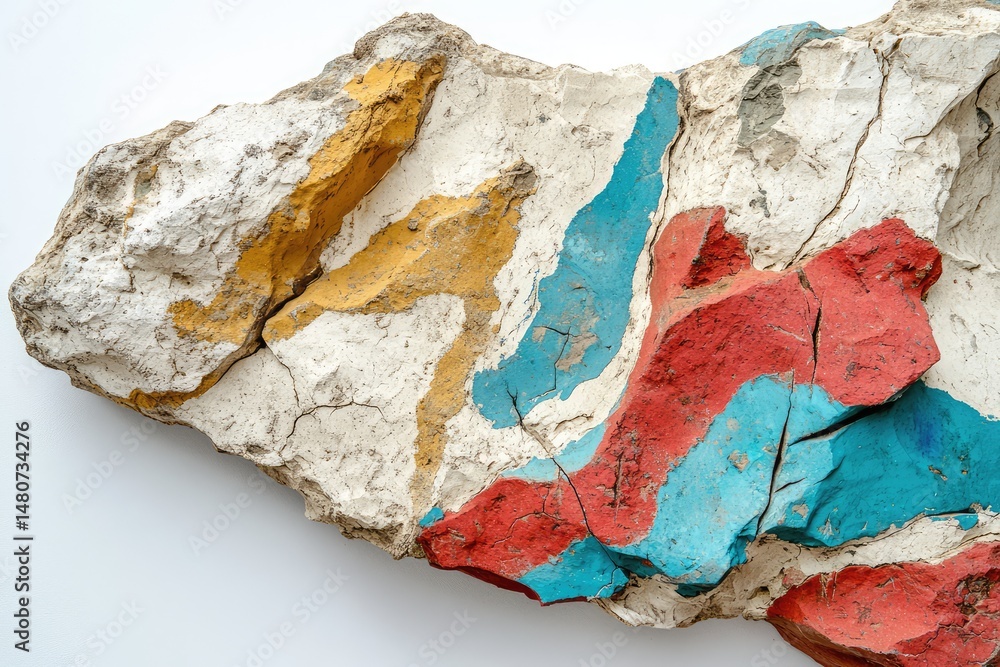 Fototapeta premium A close-up of a cracked piece of white material with vibrant strokes of yellow, blue, and red paint across its surface.