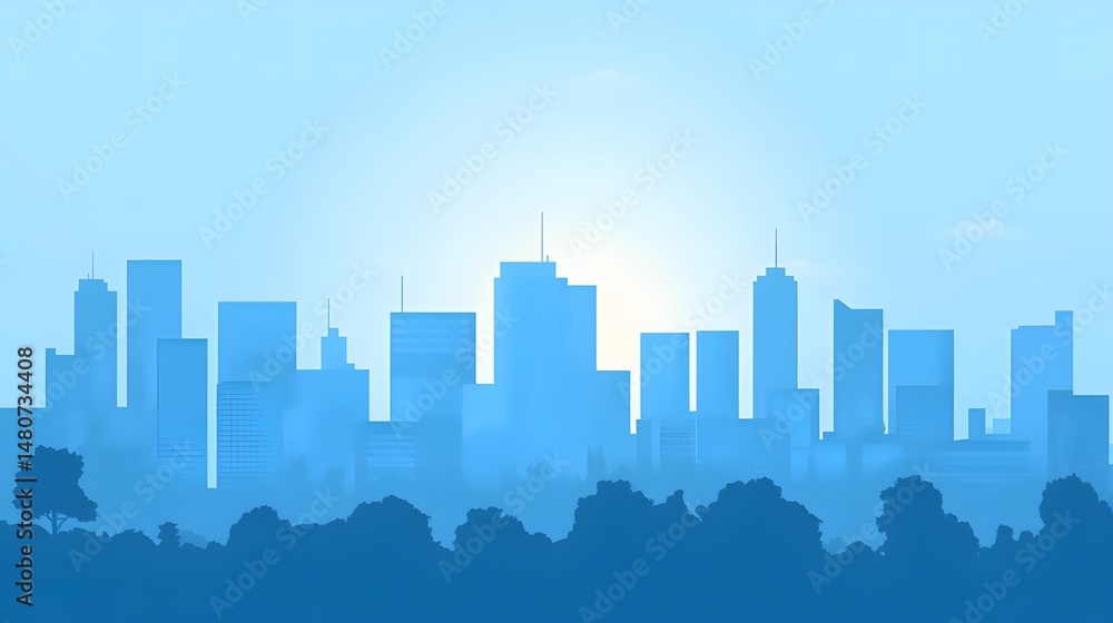 Naklejka premium Silhouette cityscape illustration at sunrise.