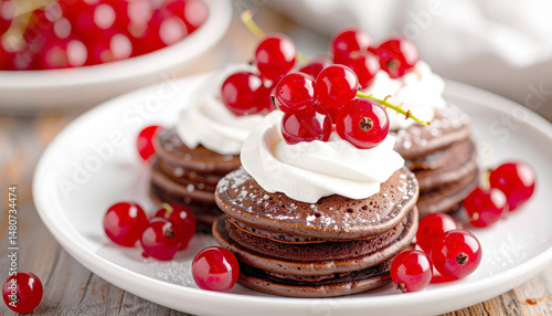Mini chocolate pancakes topped with whipped cream and whole fresh red berries AI