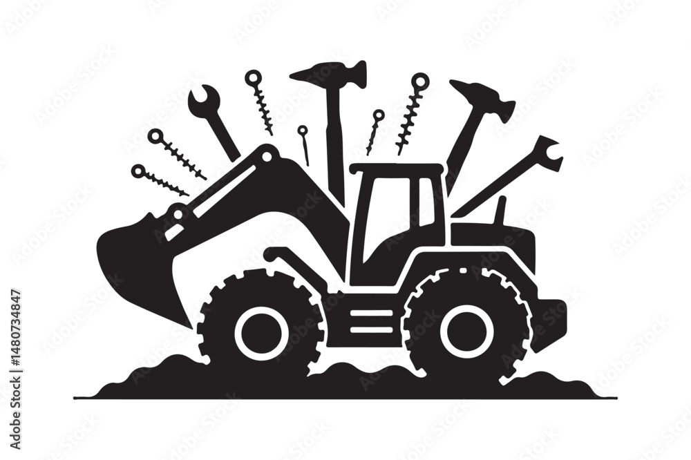 Fototapeta premium Construction Tractor Silhouette with Tools Heavy Equipment Vector Art