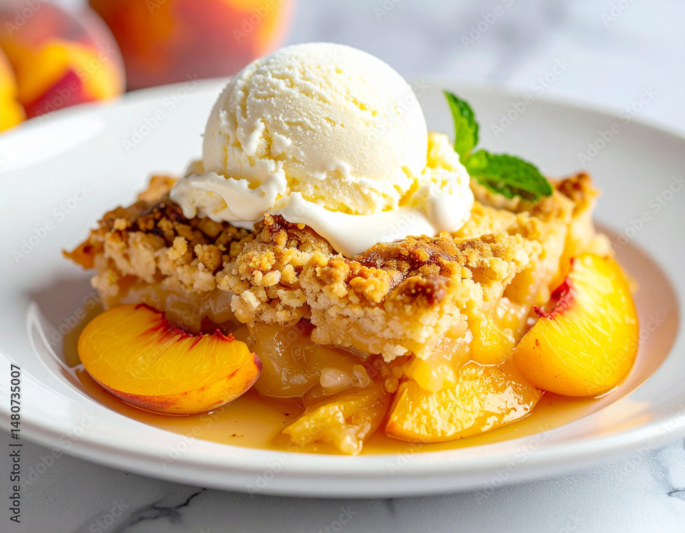 Peach cobbler with vanilla ice cream, white plate. AI Peach cobbler with vanilla ice cream, white plate. AI