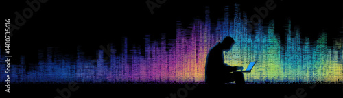 Cyberpunk AI agent working on laptop, surrounded by vibrant sound waves, creates futuristic atmosphere