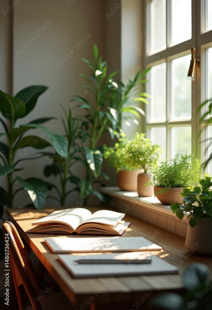 Fototapeta premium calm therapy workspace journals houseplants serene environment nature relaxation tranquility mindfulness peaceful atmosphere focused space, home, interior, light