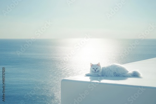 A fluffy white cat rests peacefully on a white ledge overlooking the sparkling blue sea, bathed in soft sunlight.
