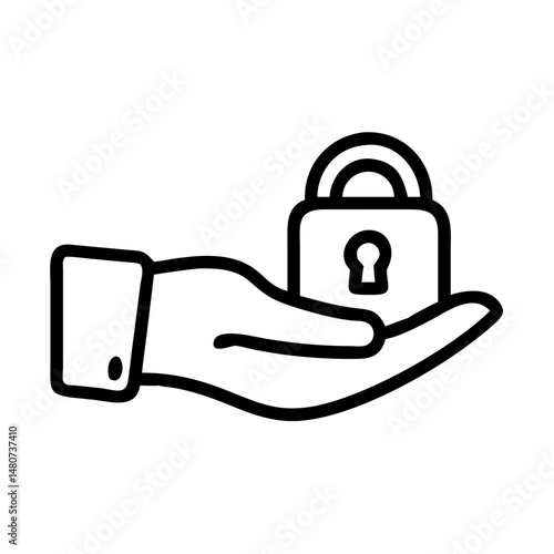 Minimalist black outline vector icon of a hand holding a lock, symbolizing security, privacy, and data protection