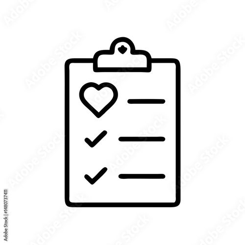 Ícone vetorial minimalista com contorno preto de uma prancheta com marcações e um coração, simbolizando saúde mental, autocuidado e acompanhamento do bem-estar em um design limpo e atencioso.