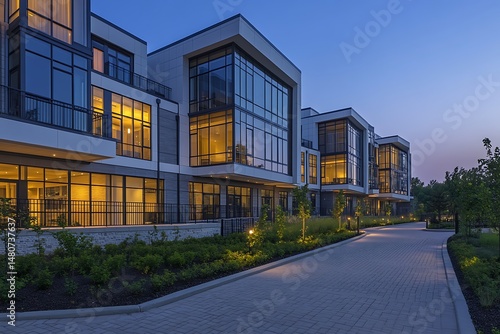 Wallpaper Mural Modern Complex With Large Windows & Stone Pathway Lit By Lamps At Dusk Evening Torontodigital.ca