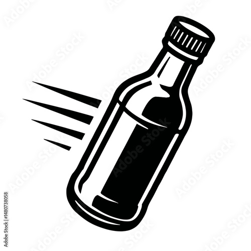 Monochrome vector illustration of a bouncing bottle in motion, ideal for themes of fun, playful design, or product representation.
