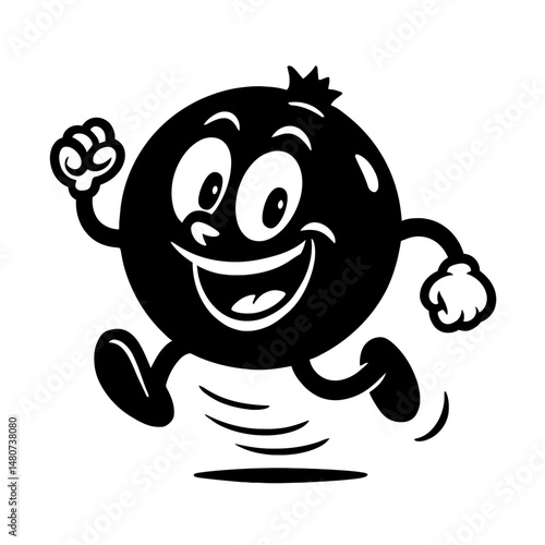 Monochrome vector illustration of a bouncing berry character, ideal for themes of food, fun, or playful design.