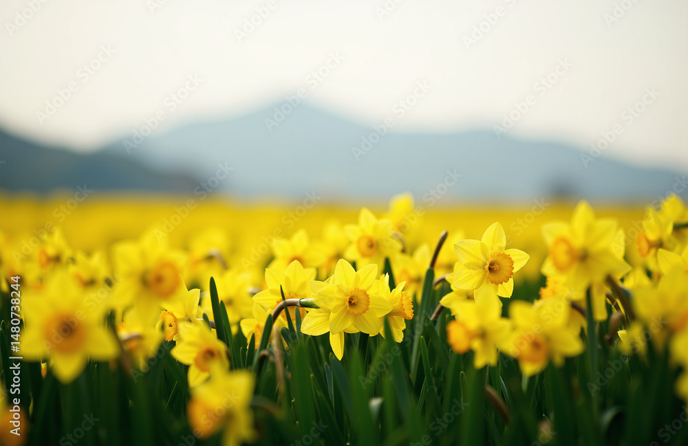 Fototapeta premium Blooming daffodils in a serene field under warm afternoon light.